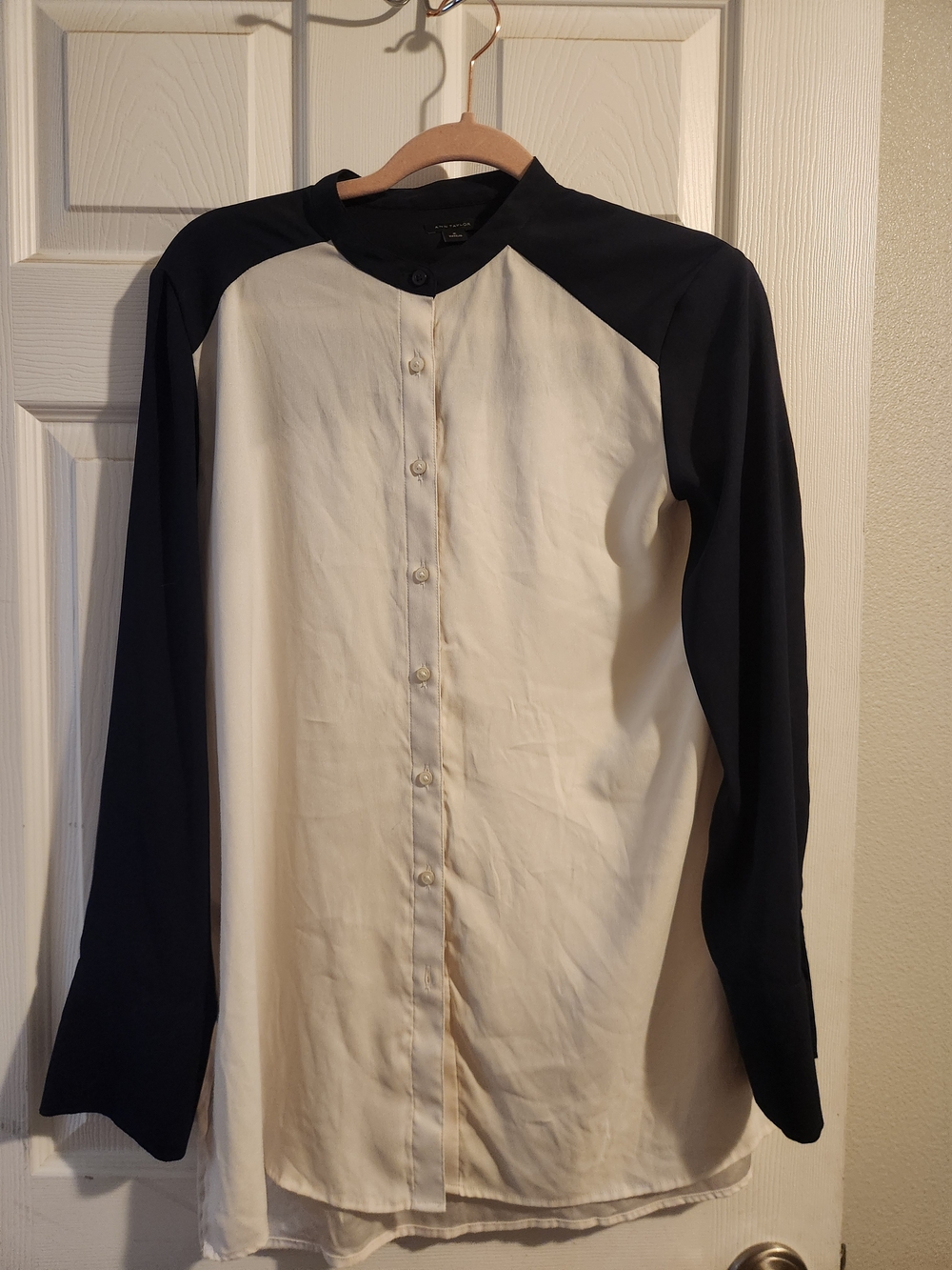Ann Taylor Navy and Cream Button-Up Blouse